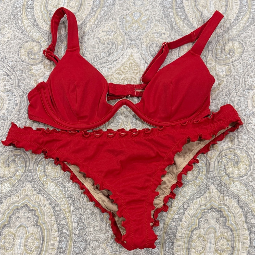 Shade & Shore Red Ruffle Bikini Set with Underwire Top